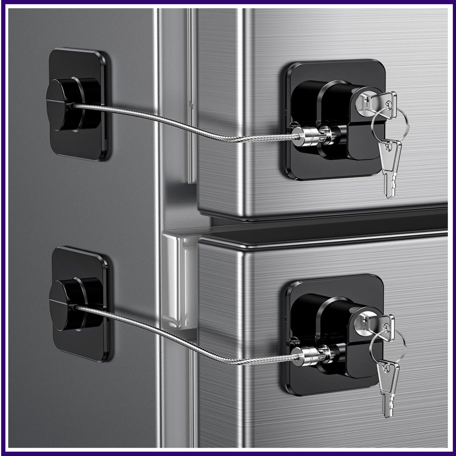 Two black refrigerator door locks from RoyalSavings, child-proof locks for fridges, freezers, and cabinets in a 2-pack.