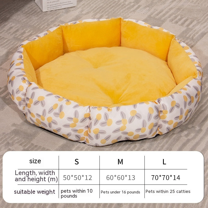 Golden octagonal pet bed with soft fleece lining, cozy and inviting for small pets to rest comfortably.