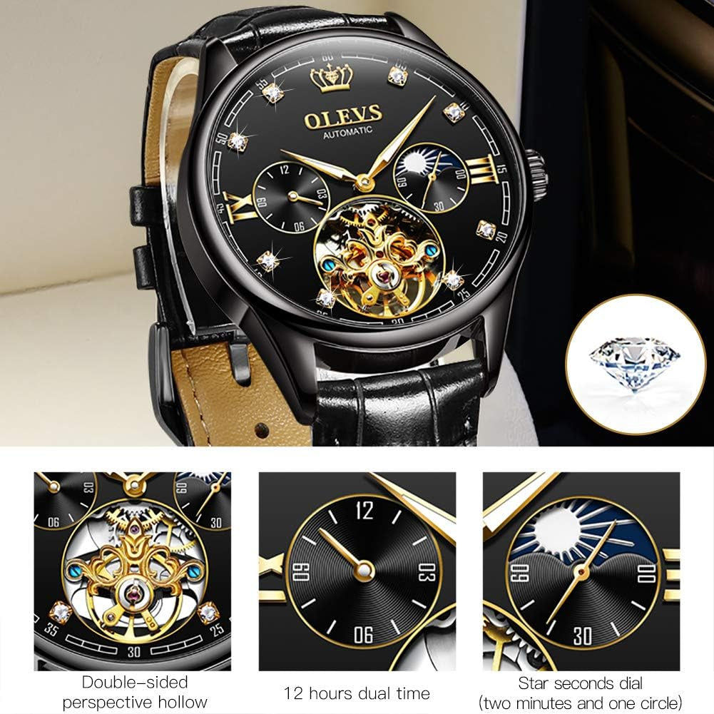 Dress Automatic Watch for Men Luxury Diamond Mechanical Self Winding Black Face Black Leather Strap Waterproof Luminous Men Wrist Watches
