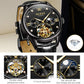 Dress Automatic Watch for Men Luxury Diamond Mechanical Self Winding Black Face Black Leather Strap Waterproof Luminous Men Wrist Watches