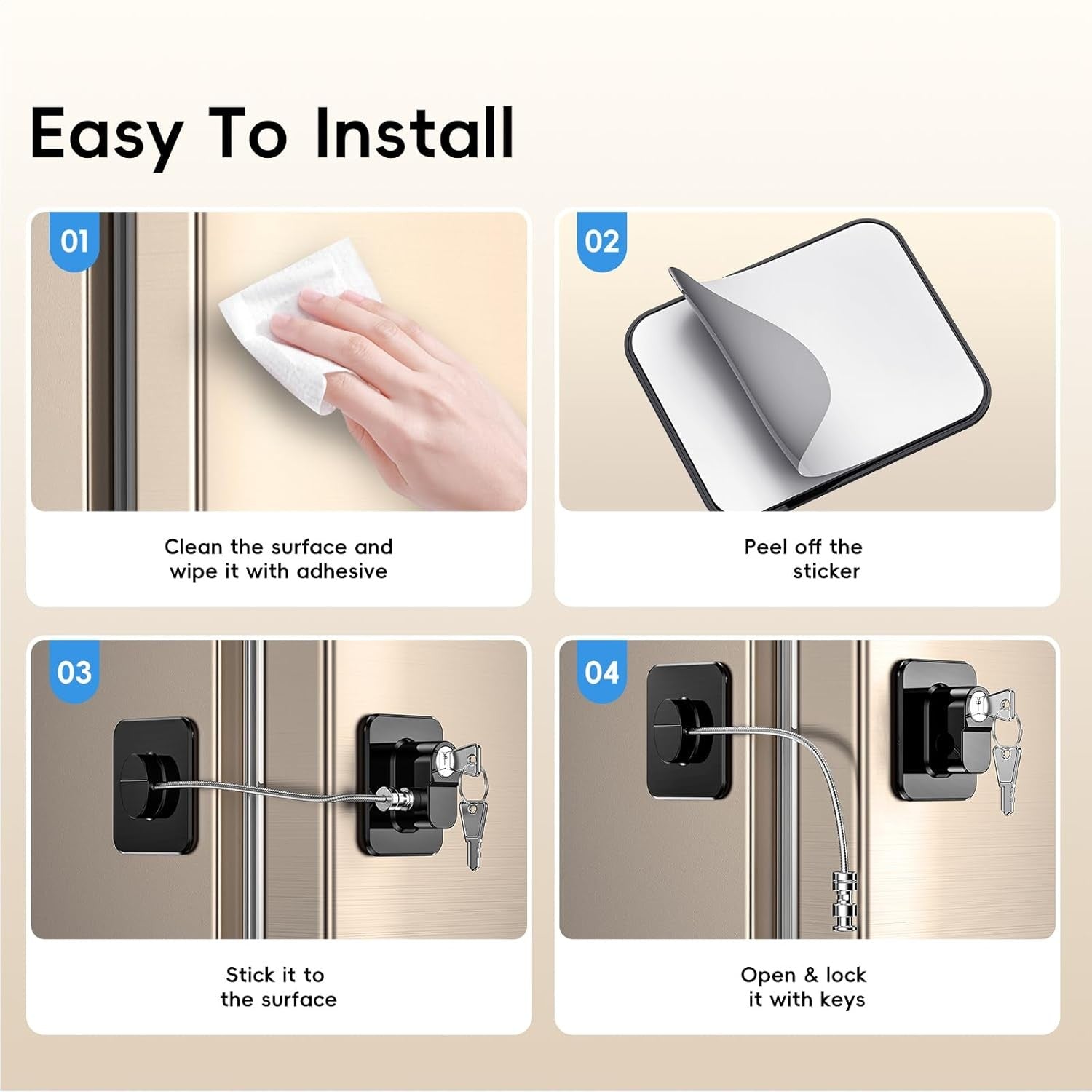 Black refrigerator door locks by RoyalSavings, 2-pack child-proof locks for fridge, freezer, and cabinets, shown installed on doors.