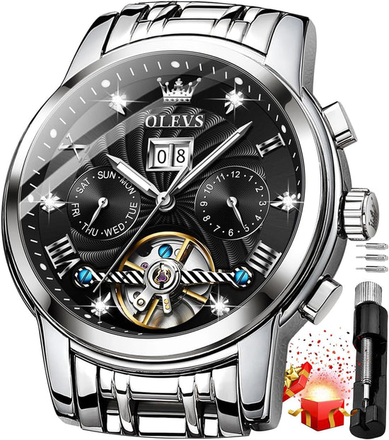 Mens Automatic Watches Gold Skeleton Tourbillon Self Winding Mechanical Stainless Steel Waterproof Dress Wristwatch