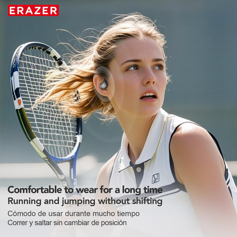 RoyalSavings ERAZER Xt66Pro OWS wireless Bluetooth earphones with built-in microphone, showcasing sleek design and compact earbuds.