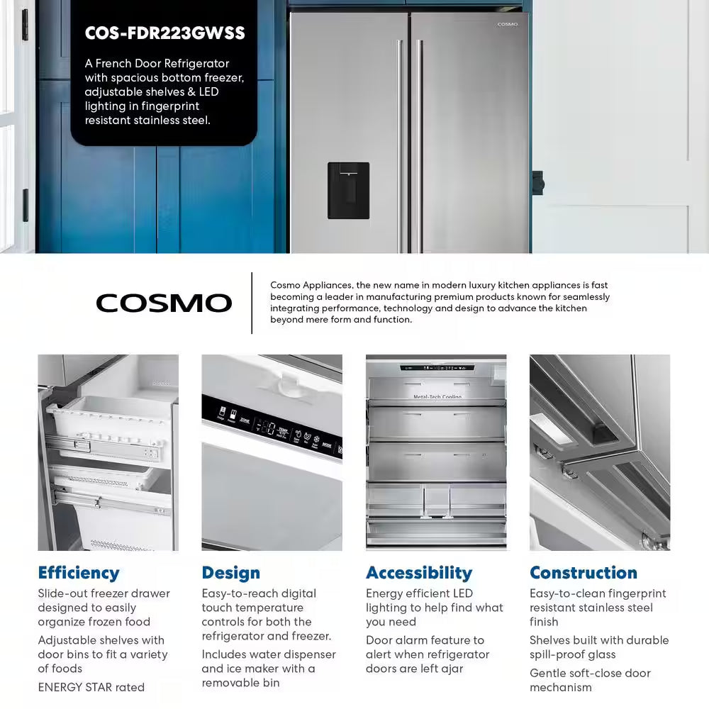 RoyalSavings 22.4 cu. ft. stainless steel 3-door French door refrigerator with water dispenser and ice maker, counter depth design.