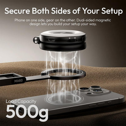 ULANZI MA60 magnetic aluminum phone stand for iPhone, mini foldable tripod with quick magnetic mount, compatible with iPhone 12-16 models.