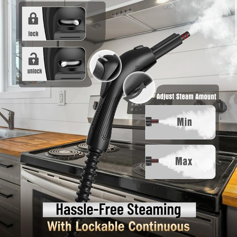RoyalSavings 1800W high-pressure steam cleaner with 1.5L tank, multiple attachments for chemical-free home and floor cleaning.