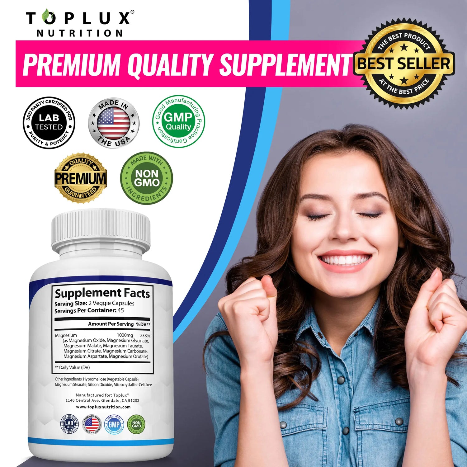 RoyalSavings Magnesium Complex Supplement with 8 essential magnesium forms, 1000mg per serving, for muscle and nerve support.
