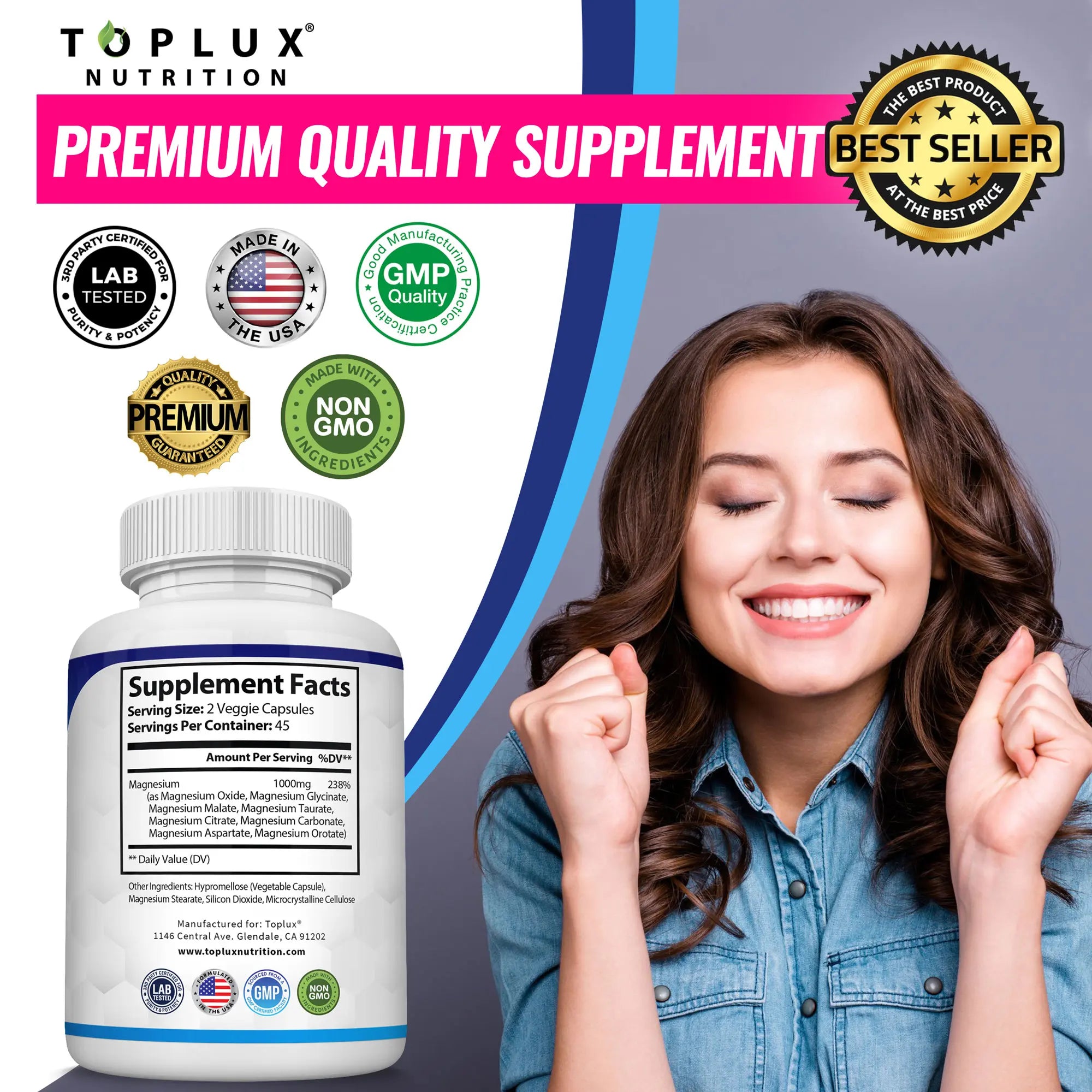 RoyalSavings Magnesium Complex Supplement with 8 essential magnesium forms, 1000mg per serving, for muscle and nerve support.