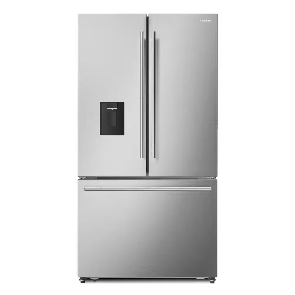 RoyalSavings stainless steel 22.4 cu. ft. 3-door French door refrigerator with water dispenser and ice maker, counter depth design.