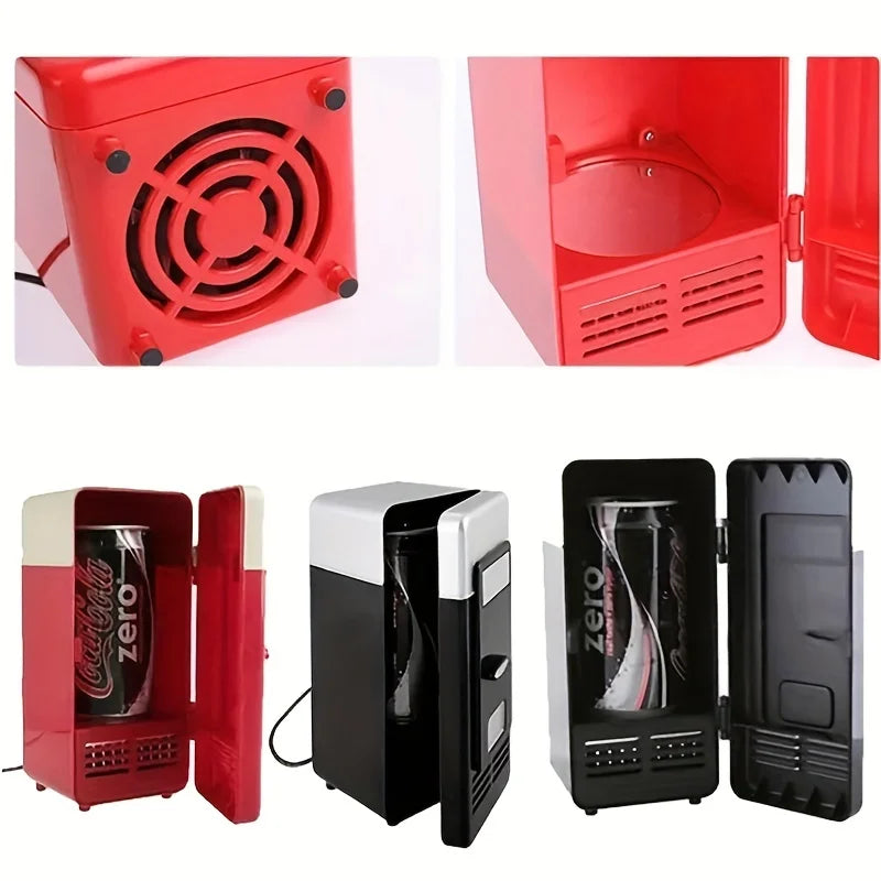 RoyalSavings mini USB refrigerator showing compact cooling and heating functions, ideal for cars and computers.