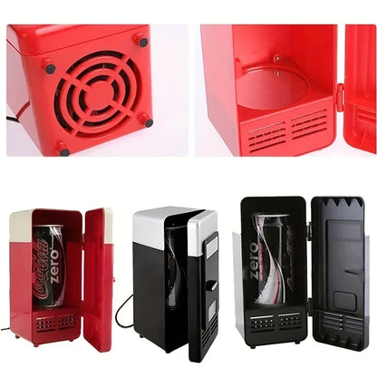 RoyalSavings mini USB refrigerator showing compact cooling and heating functions, ideal for cars and computers.