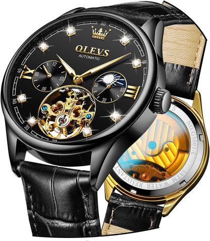 Dress Automatic Watch for Men Luxury Diamond Mechanical Self Winding Black Face Black Leather Strap Waterproof Luminous Men Wrist Watches