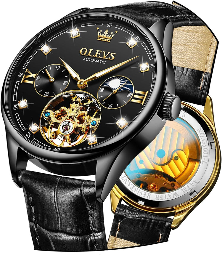 Dress Automatic Watch for Men Luxury Diamond Mechanical Self Winding Black Face Black Leather Strap Waterproof Luminous Men Wrist Watches