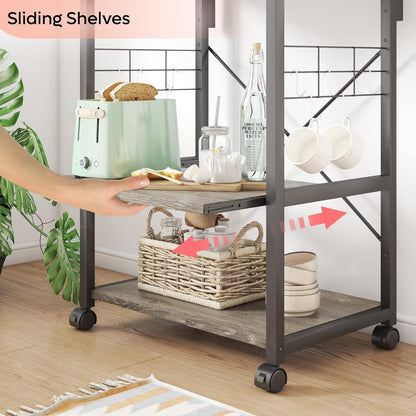 RoyalSavings kitchen bakers rack with microwave stand, on wheels, featuring adjustable feet, storage shelves, and 10 side hooks.