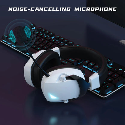 RoyalSavings wireless gaming headset with noise-canceling microphone, over-ear design and adjustable headband for immersive gaming sound.