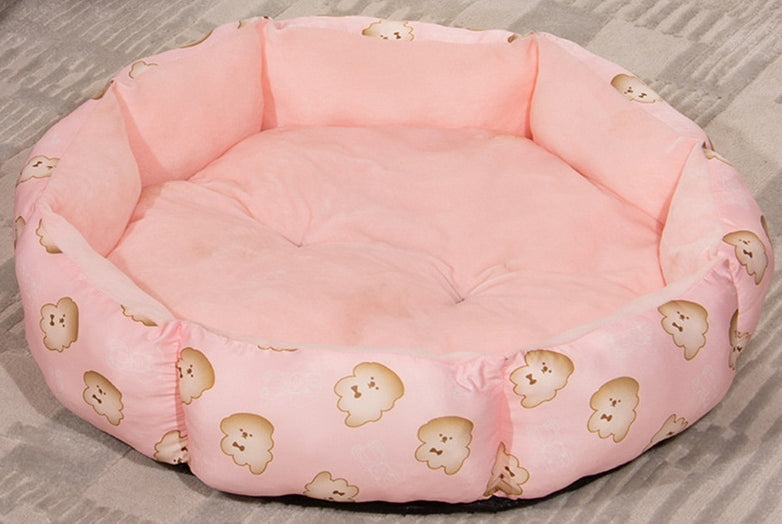 Golden octagonal pet bed with soft fleece lining, cozy and comfortable for small pets, perfect for lounging and rest.