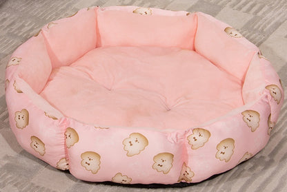 Golden octagonal pet bed with soft fleece lining, cozy and comfortable for small pets, perfect for lounging and rest.