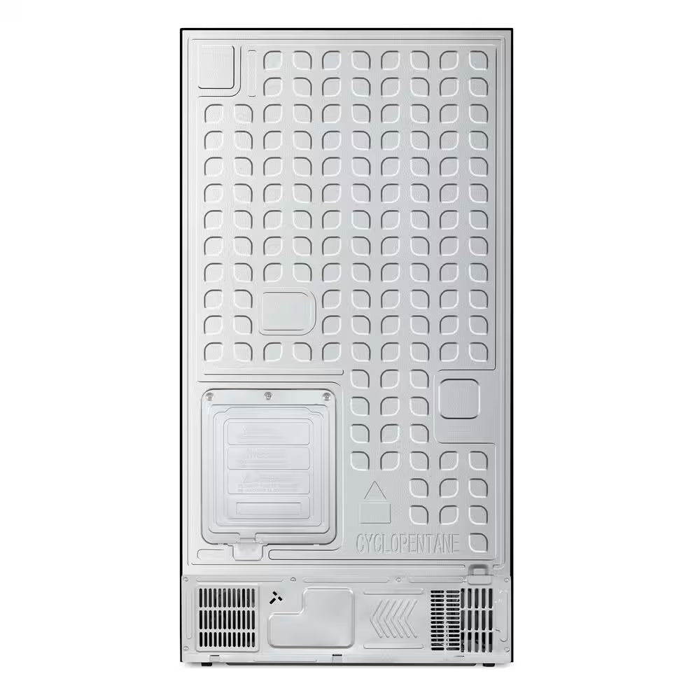 RoyalSavings 22.4 cu. ft. stainless steel 3-door French door refrigerator with water dispenser, ice maker, and counter depth design.