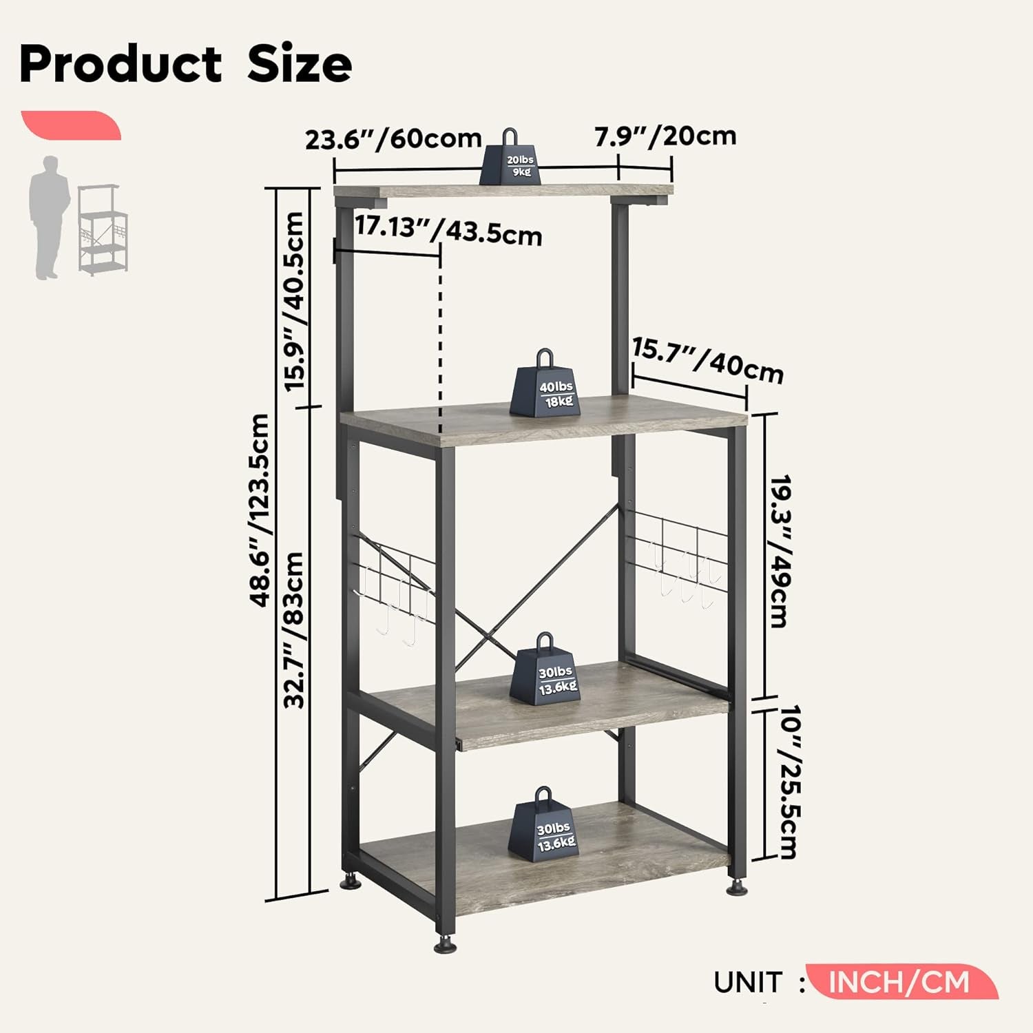 RoyalSavings kitchen bakers rack with wheels, adjustable feet, side hooks, and storage shelves for microwave and kitchen organization.