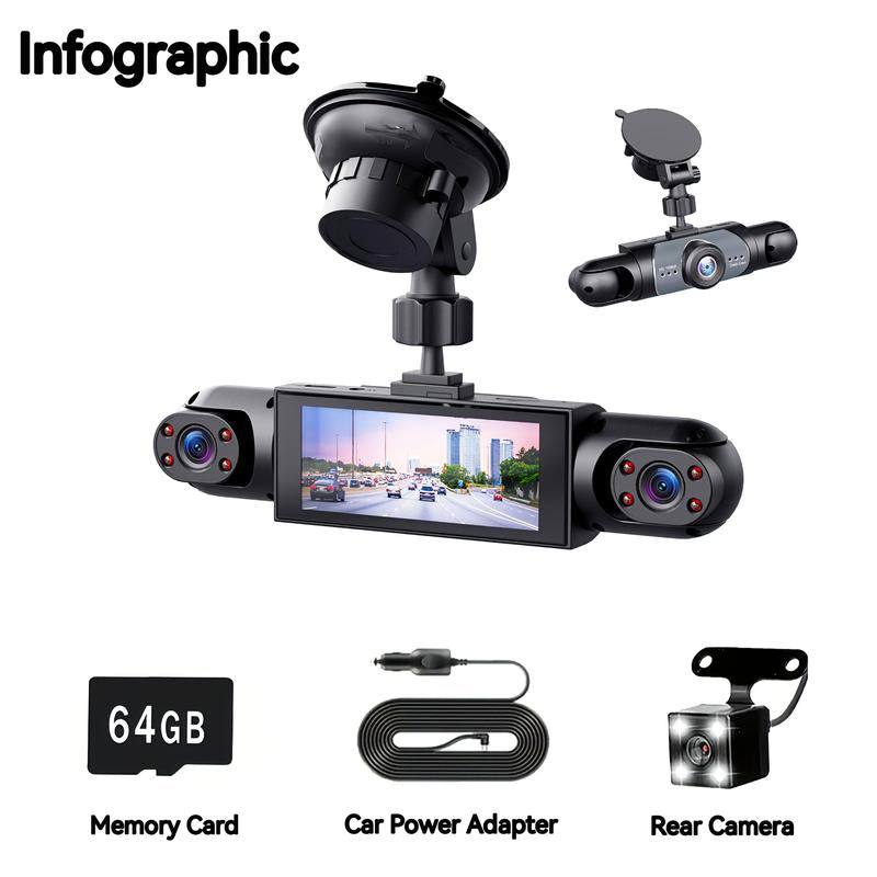RoyalSavings 4-channel car dash cam with 1080P video, night vision, 64GB memory, front/rear/side cameras, HD screen, parking mode