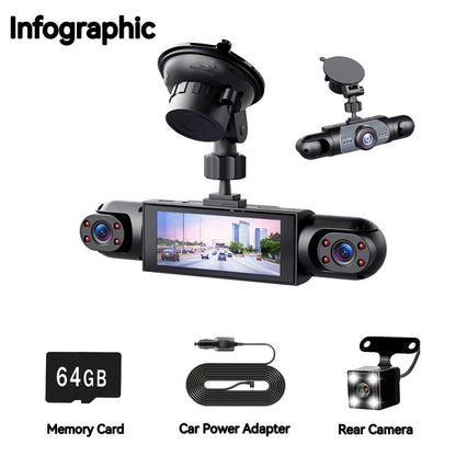 RoyalSavings 4-channel car dash cam with 1080P video, night vision, 64GB memory, front/rear/side cameras, HD screen, parking mode