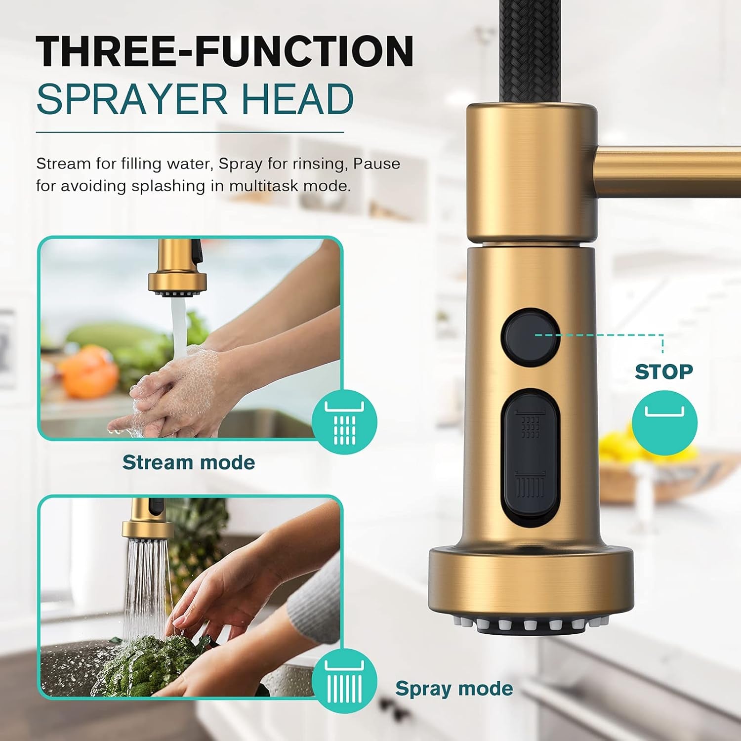RoyalSavings gold kitchen faucet with pull-down sprayer, 19.75-inch spring design, three-mode handle, single handle with deck plate