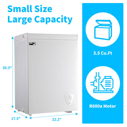 RoyalSavings 3.5 Cu.Ft white chest freezer with removable storage basket, deep freezer for efficient cold storage.