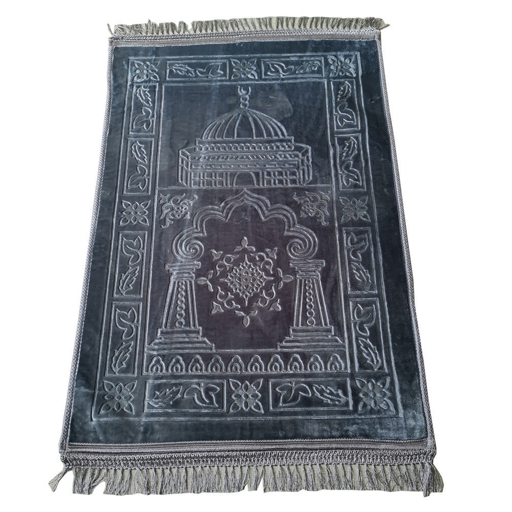 Golden Raschel embossed prayer mat with tassels, solid color, soft fabric, suitable for daily prayer use.