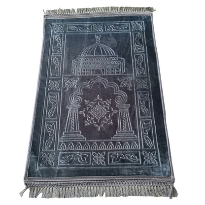 Golden Raschel embossed prayer mat with tassels, solid color, soft fabric, suitable for daily prayer use.