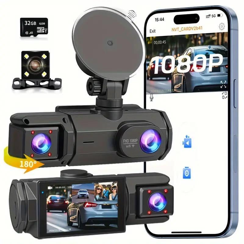 RoyalSavings HD Car Dashcam with 32GB memory card, vehicle video recorder for cars, trucks, and SUVs, capturing road footage.