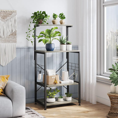 RoyalSavings kitchen bakers rack with wheels, adjustable feet, side hooks, and shelves for microwave and utility storage.