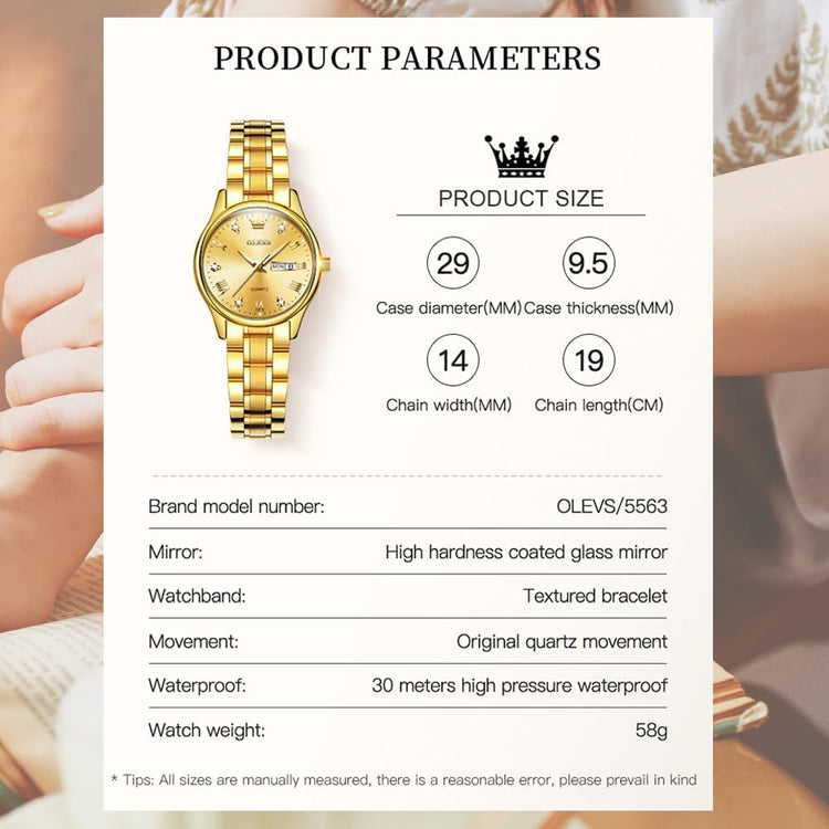 Gold Watches for Women Classic Stainless Steel Waterproof Womens Wrist Watch Small Face Ladies Watches with Day Date Analog Quartz Dress Women&