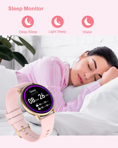Pink RoyalSavings women’s smartwatch with round digital display, fitness tracker, heart rate monitor, waterproof IP68, personalized watch faces