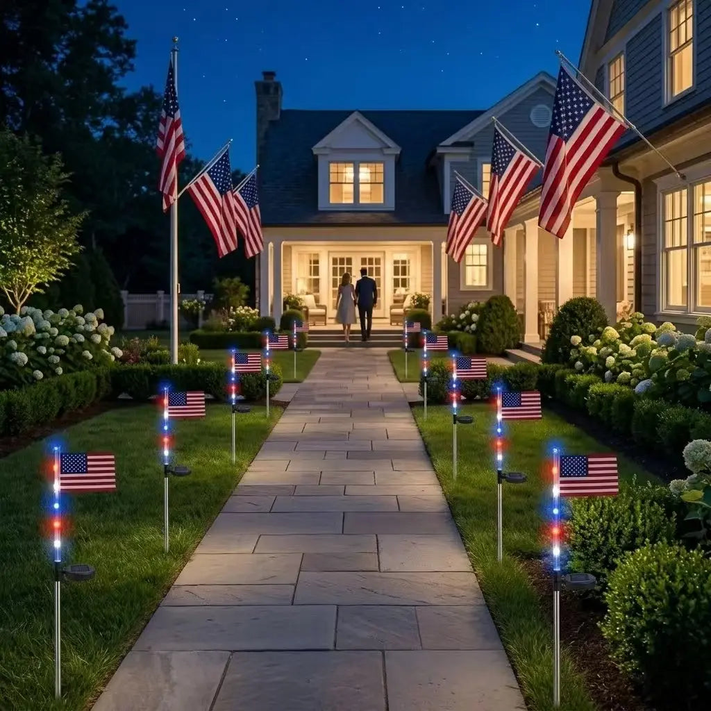 Eight American flag solar lights in a set, featuring patriotic flag designs and solar-powered outdoor lighting by RoyalSavings.