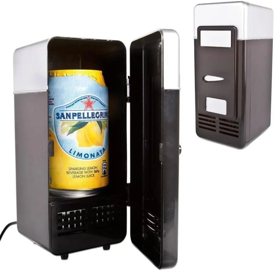 RoyalSavings USB mini refrigerator showing compact black design with cooling and heating functions, ideal for cars and desktops