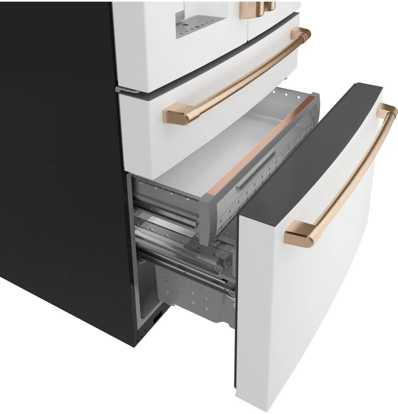 RoyalSavings French-door smart refrigerator with sleek stainless steel finish and digital control panel, open door showing spacious interior.