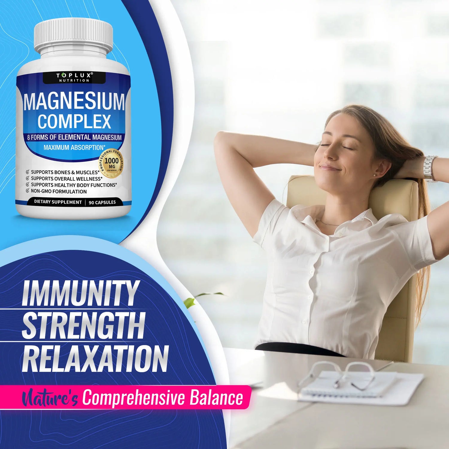 RoyalSavings Magnesium Complex supplement with 1000mg, featuring 8 essential magnesium forms in a clear bottle.