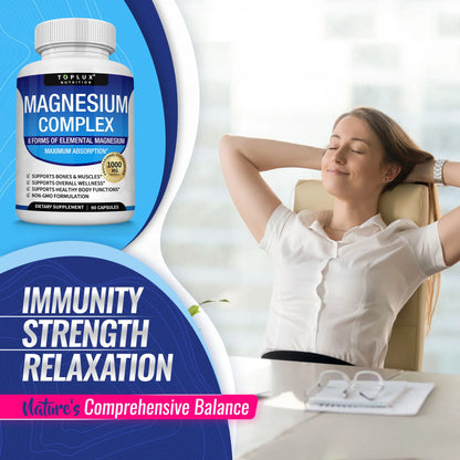 RoyalSavings Magnesium Complex supplement with 1000mg, featuring 8 essential magnesium forms in a clear bottle.