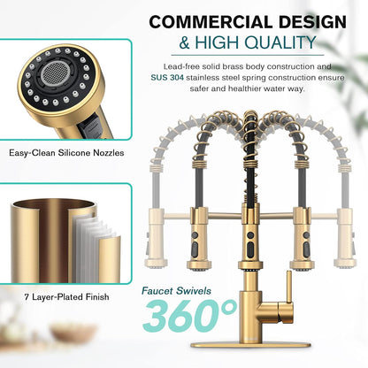 RoyalSavings gold kitchen faucet with pull-down sprayer, 19.75-inch spring, three modes, single handle, deck plate for kitchen sink