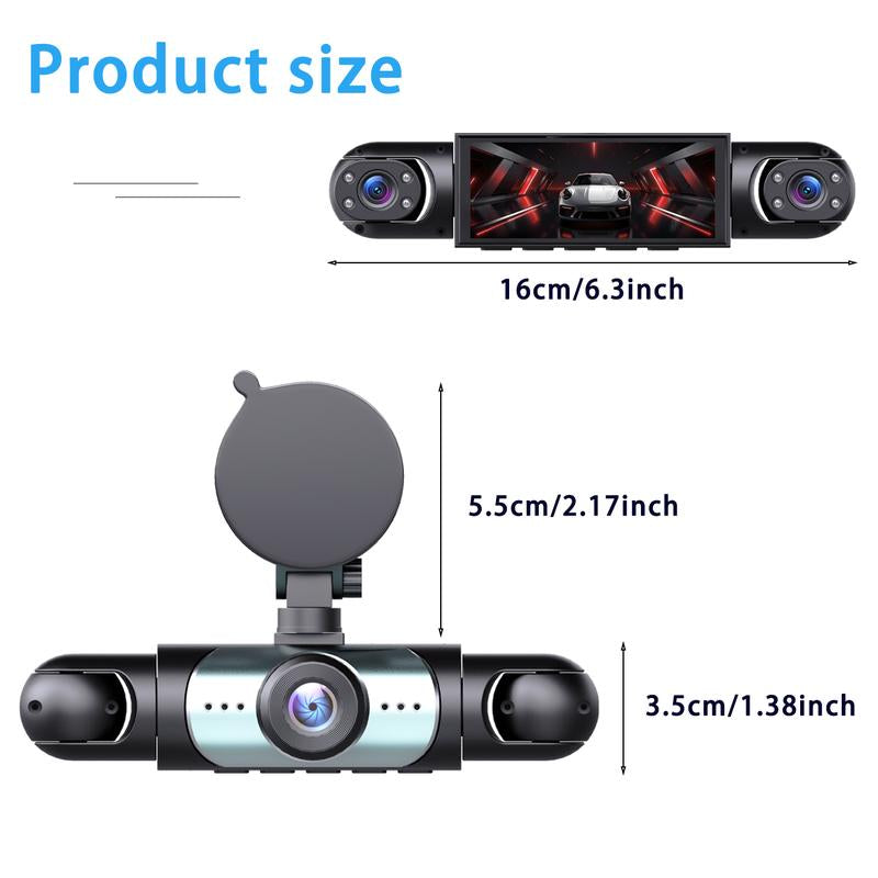 RoyalSavings 4-channel car dash cam with 1080P video, night vision, HD screen, front, rear, left, right cameras, and 64GB memory card.