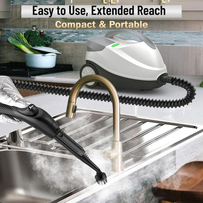 RoyalSavings 1800W high-pressure steam cleaner with 1.5L tank and multiple attachments for versatile, chemical-free home floor cleaning.