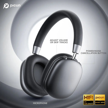 RoyalSavings Picun F5 ANC wireless headphones with Bluetooth, showing over-ear design and sleek black finish.