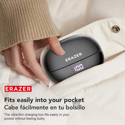 RoyalSavings ERAZER Xt66Pro OWS wireless Bluetooth earbuds with built-in microphone, supporting 135 languages and real-time translation.