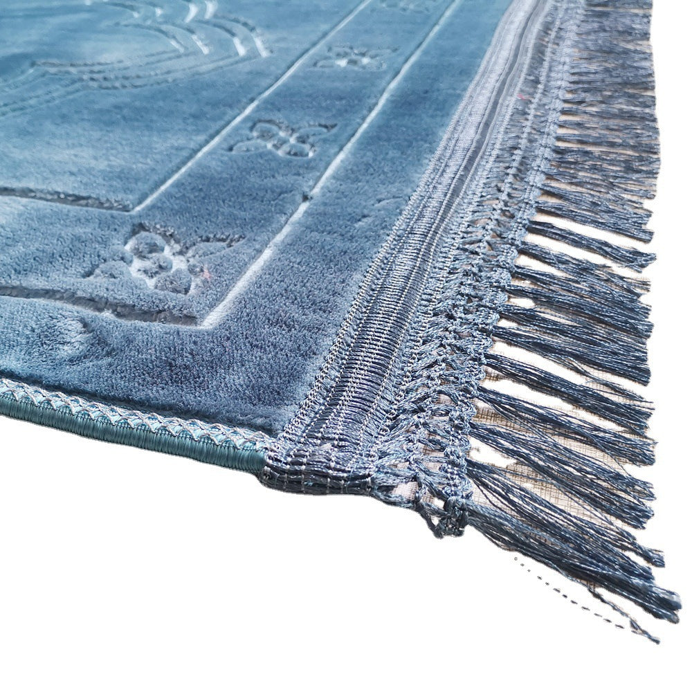 Golden Raschel embossed prayer mat with tassels, solid color, soft fabric, and detailed embossed design for prayer and reflection.