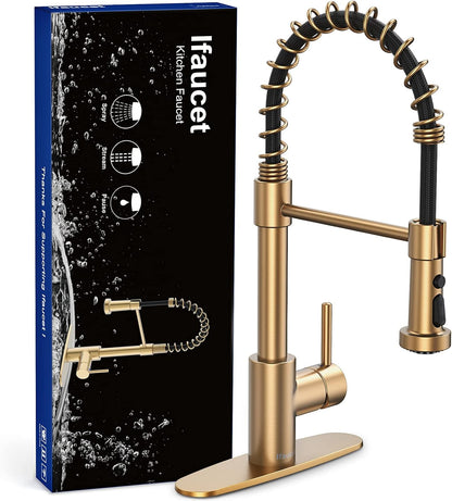 Gold Kitchen Faucet with Pull down Sprayer, 19.75-Inch Spring Faucet for Kitchen Sink, Kitchen Sink Faucet with 3 Modes, Industrial Single Handle with Deck Plate (Single or 3 Holes)