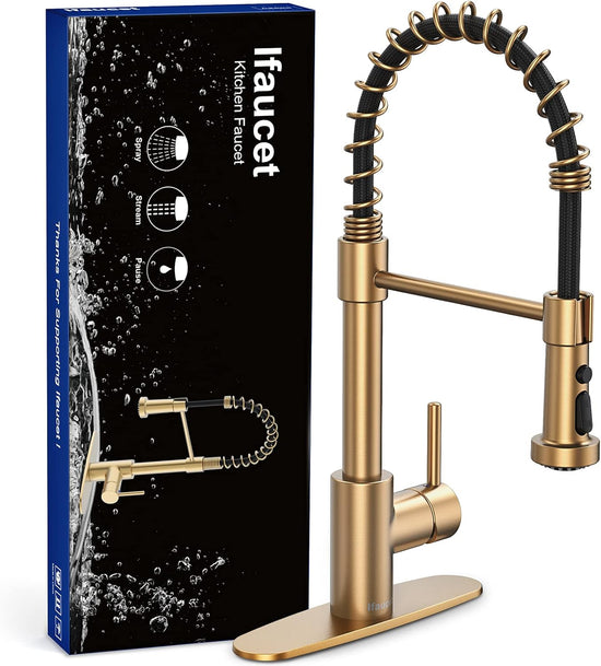 Gold Kitchen Faucet with Pull down Sprayer, 19.75-Inch Spring Faucet for Kitchen Sink, Kitchen Sink Faucet with 3 Modes, Industrial Single Handle with Deck Plate (Single or 3 Holes)