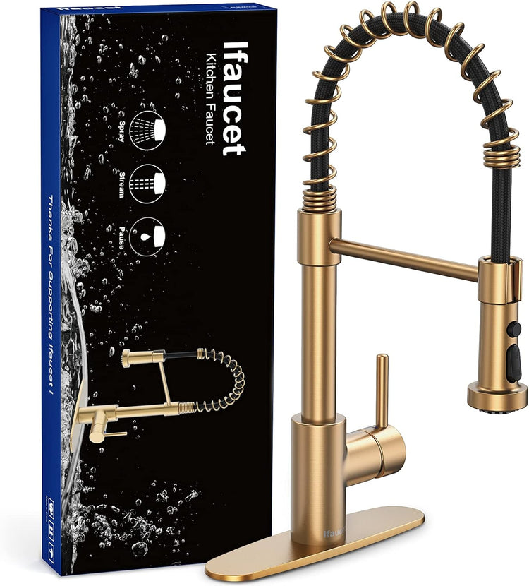 Gold Kitchen Faucet with Pull down Sprayer, 19.75-Inch Spring Faucet for Kitchen Sink, Kitchen Sink Faucet with 3 Modes, Industrial Single Handle with Deck Plate (Single or 3 Holes)