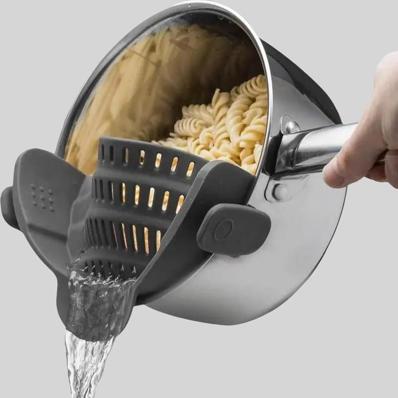 RoyalSavings silicone pot side pasta strainer with adjustable clip clamp for kitchen, home, cookware, and dorm use.
