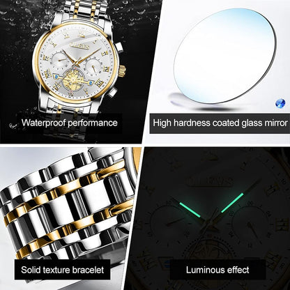 Mens RoyalSavings fashion casual analog quartz watch with waterproof stainless steel band, gold and white dial, day window.