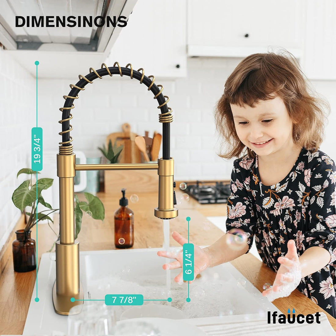 RoyalSavings gold kitchen faucet with pull-down sprayer, 19.75-inch spring, three modes, single handle, deck plate for sink installation
